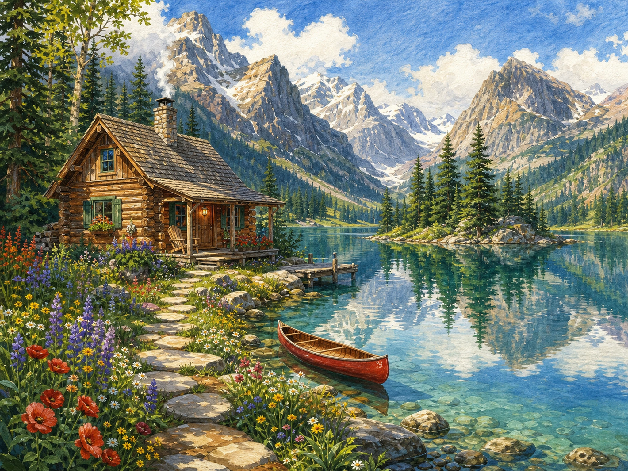 A small wooden cabin beside a clear alpine lake with mountain reflections, wildflowers, stepping stones, a canoe, and pine trees